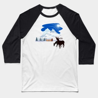 House in Winter Snow Mountains Deer Silhouette Baseball T-Shirt